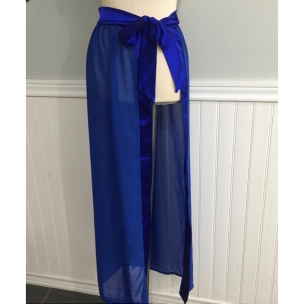 BooHoo Maxi Sarong Royal Blue Satin Tie Sheer Beach Cover Up size S / M